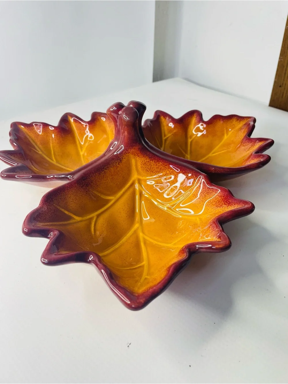 Better Homes And Gardens Glazed Maple Leaf Triple Dish in Yellow and Red